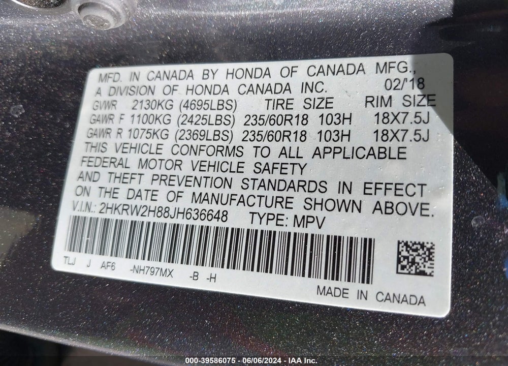2018 HONDA CR-V EX-L/EX-L NAVI VIN: 2HKRW2H88JH636648