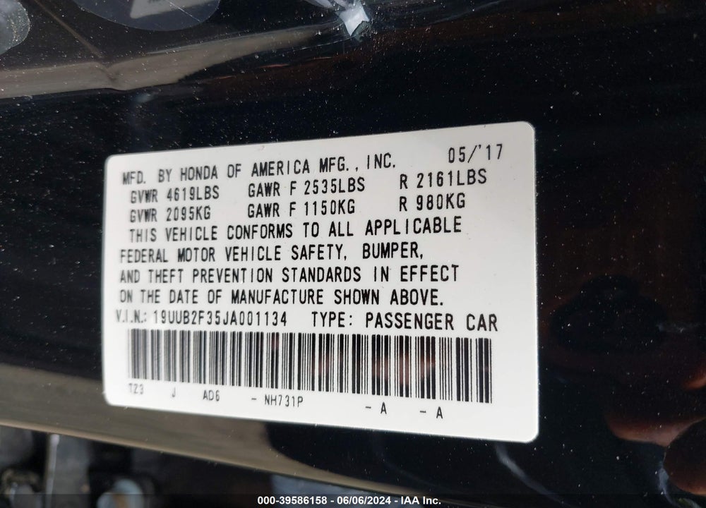 2018 ACURA TLX VIN: 19UUB2F35JA001134