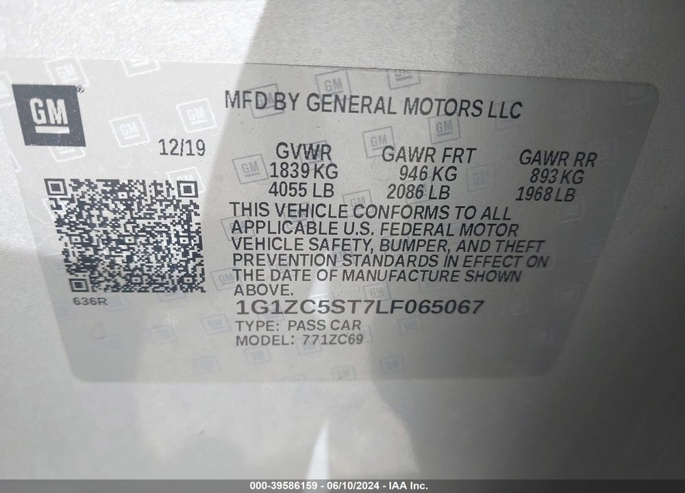 2020 CHEVROLET MALIBU FWD 1FL VIN: 1G1ZC5ST7LF065067