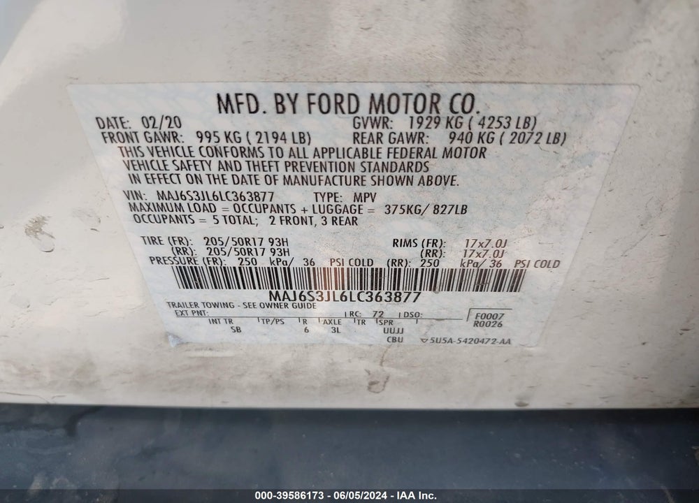 2020 FORD ECOSPORT SES VIN: MAJ6S3JL6LC363877