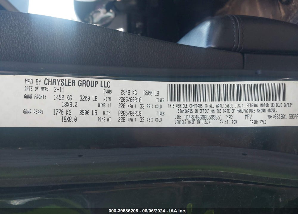 2011 DODGE DURANGO CREW VIN: 1D4RE4GG9BC599651