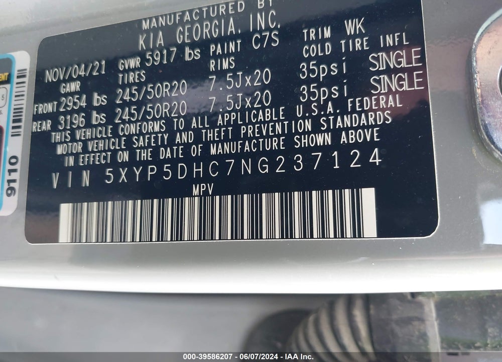 2022 KIA TELLURIDE VIN: 5XYP5DHC7NG237124