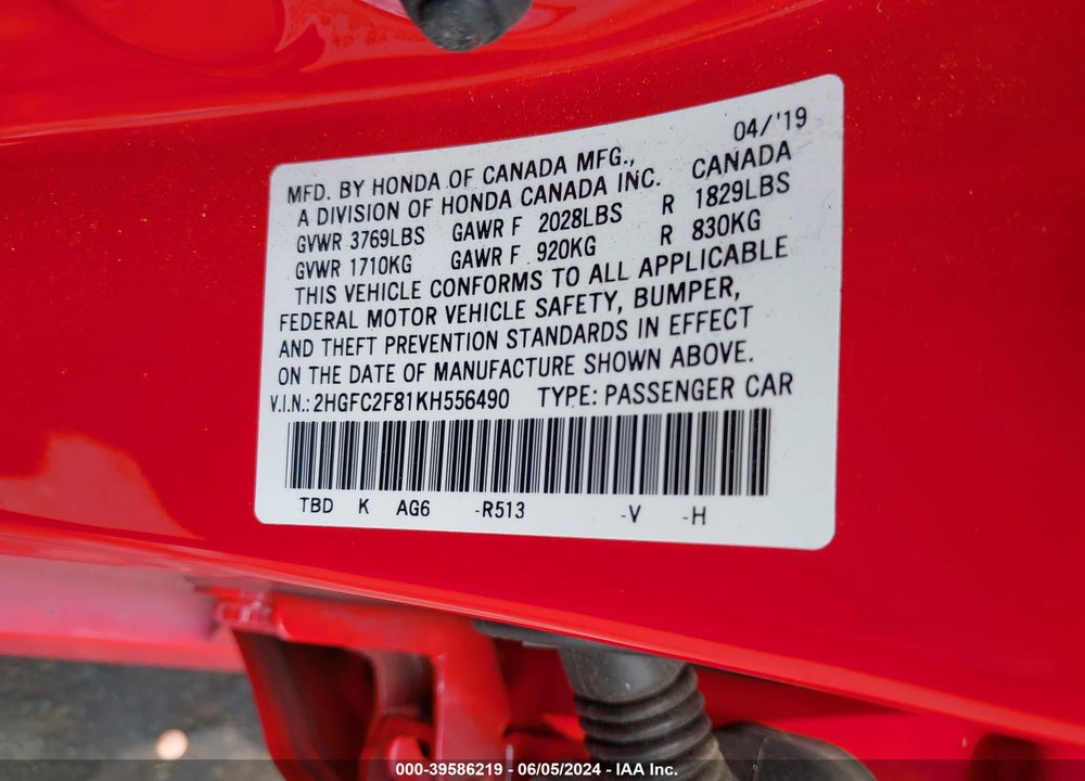 2019 HONDA CIVIC SPORT VIN: 2HGFC2F81KH556490