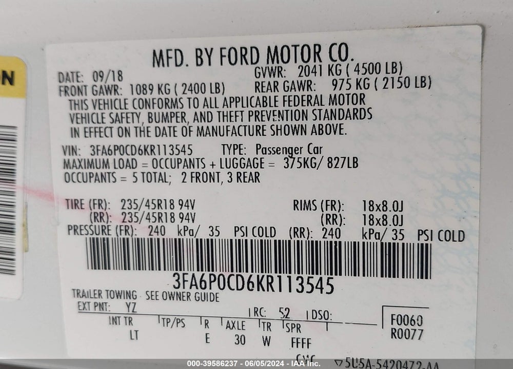 2019 FORD FUSION SEL VIN: 3FA6P0CD6KR113545