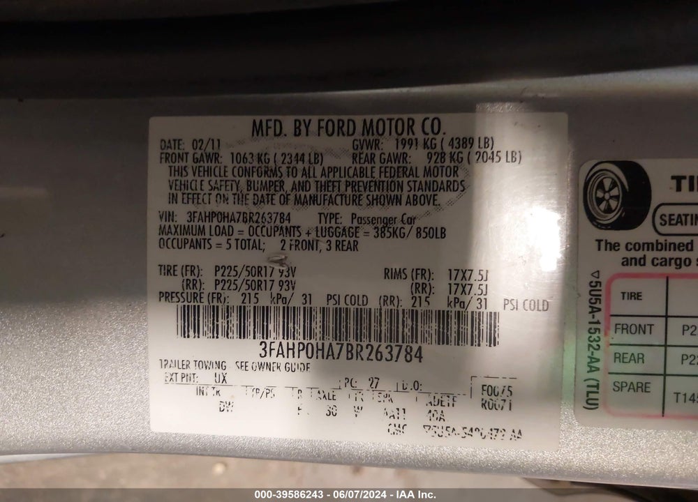 2011 FORD FUSION SE VIN: 3FAHP0HA7BR263784