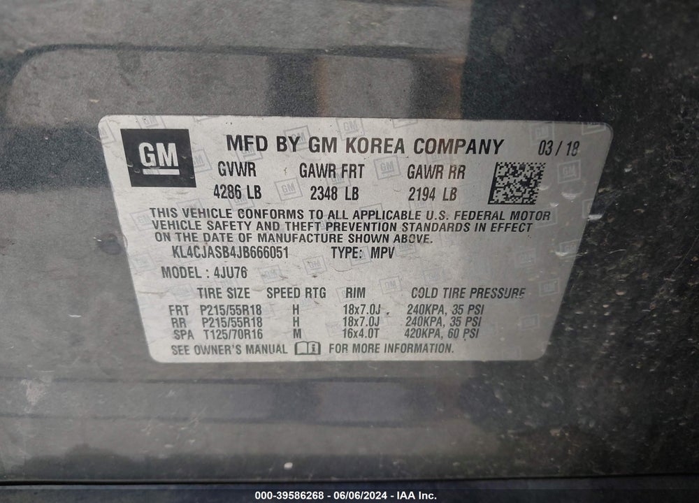 2018 BUICK ENCORE PREFERRED VIN: KL4CJASB4JB666051