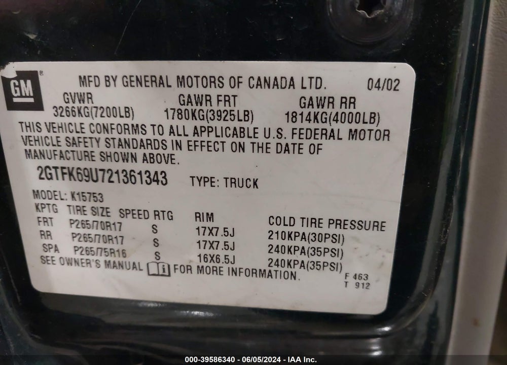 2002 GMC SIERRA 1500 DENALI VIN: 2GTFK69U721361343