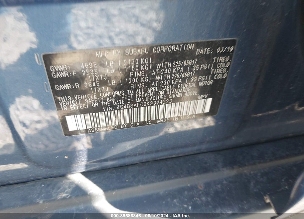 2019 SUBARU OUTBACK 2.5I PREMIUM VIN: 4S4BSAFC6K3324223
