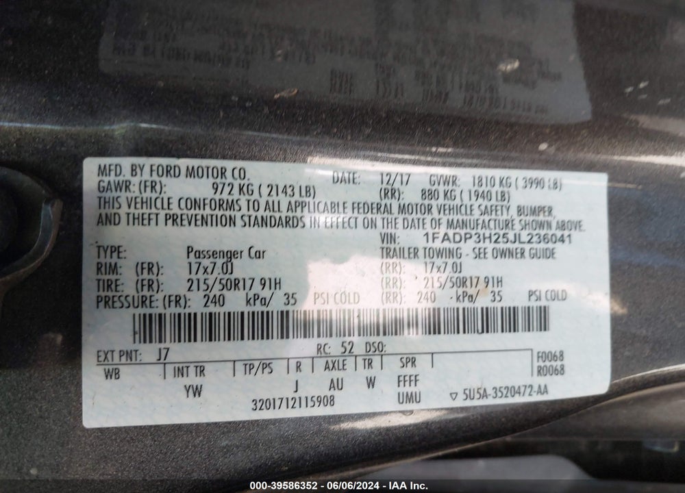 2018 FORD FOCUS SEL VIN: 1FADP3H25JL236041