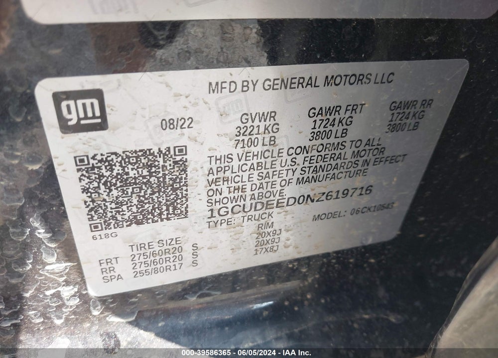 2022 CHEVROLET SILVERADO 1500 4WD SHORT BED RST VIN: 1GCUDEED0NZ619716