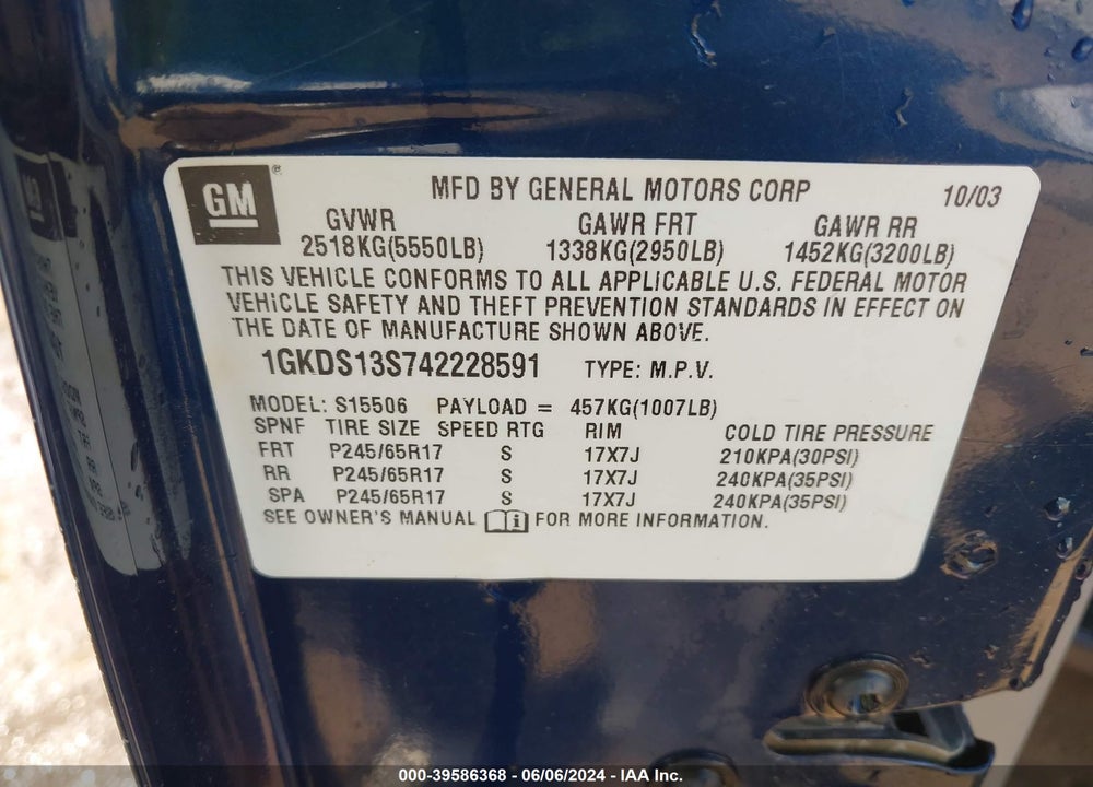 2004 GMC ENVOY VIN: 1GKDS13S742228591