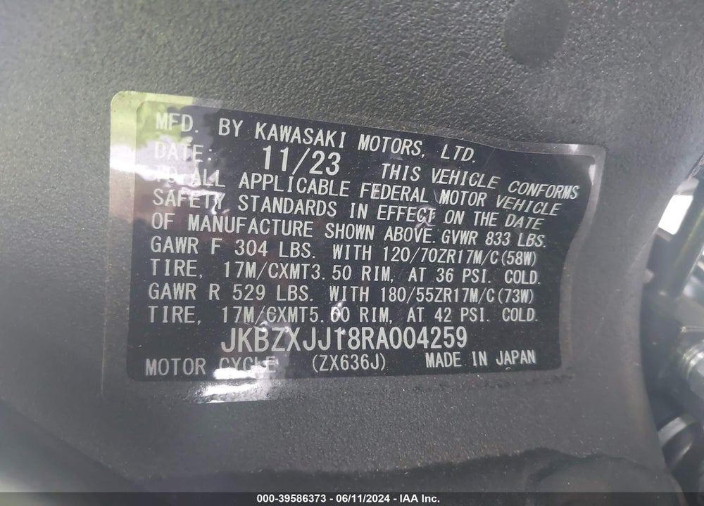 2024 KAWASAKI ZX636 K VIN: JKBZXJJ18RA004259