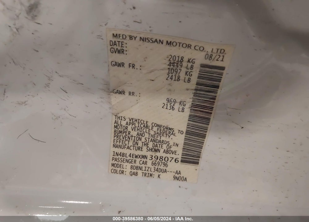 2021 NISSAN ALTIMA SL INTELLIGENT AWD VIN: 1N4BL4EWXMN398076