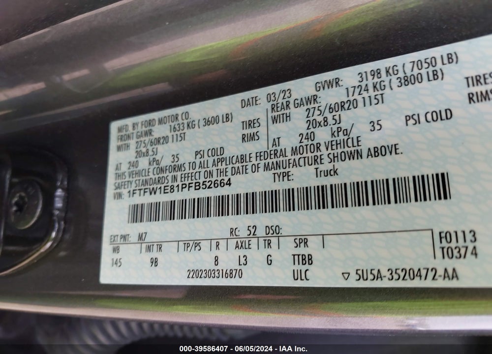 2023 FORD F-150 PLATINUM VIN: 1FTFW1E81PFB52664