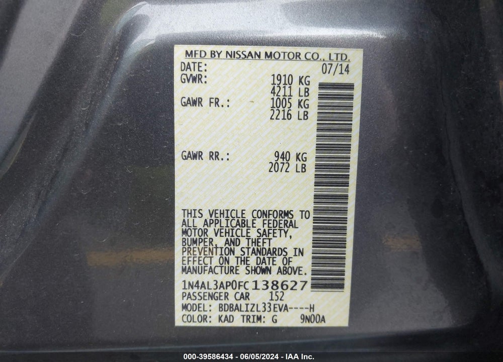 2015 NISSAN ALTIMA 2.5 SV VIN: 1N4AL3AP0FC138627
