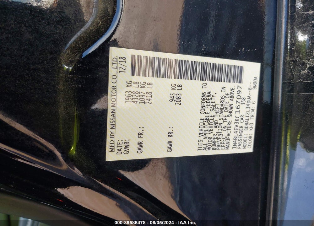 2019 NISSAN ALTIMA 2.5 SL VIN: 1N4BL4EV3KC167097