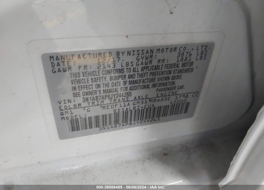 2018 NISSAN SENTRA S VIN: 3N1AB7AP8JY244265