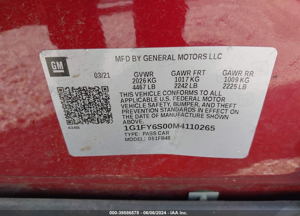 2021 CHEVROLET BOLT EV FWD LT VIN: 1G1FY6S00M4110265