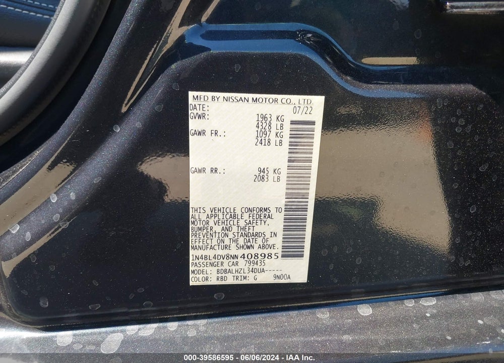 2022 NISSAN ALTIMA SV FWD VIN: 1N4BL4DV8NN408985