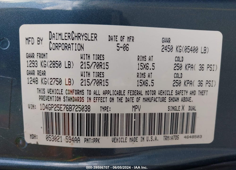 2006 DODGE CARAVAN SE VIN: 1D4GP25E76B725038
