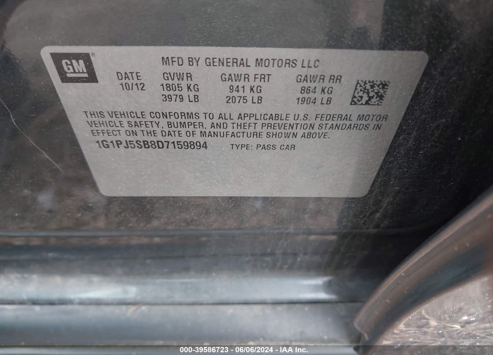 2013 CHEVROLET CRUZE ECO MANUAL VIN: 1G1PJ5SB8D7159894