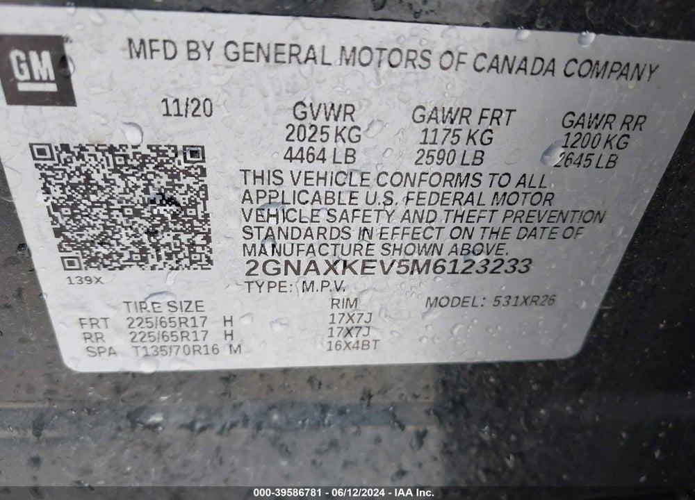 2021 CHEVROLET EQUINOX FWD LT VIN: 2GNAXKEV5M6123233