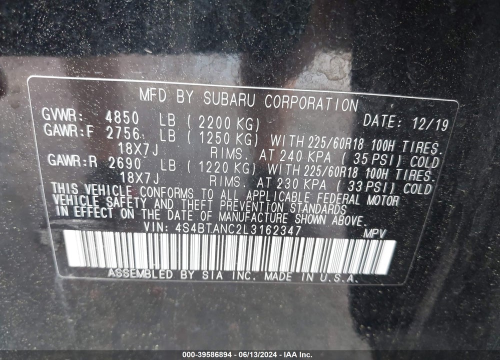 2020 SUBARU OUTBACK LIMITED VIN: 4S4BTANC2L3162347