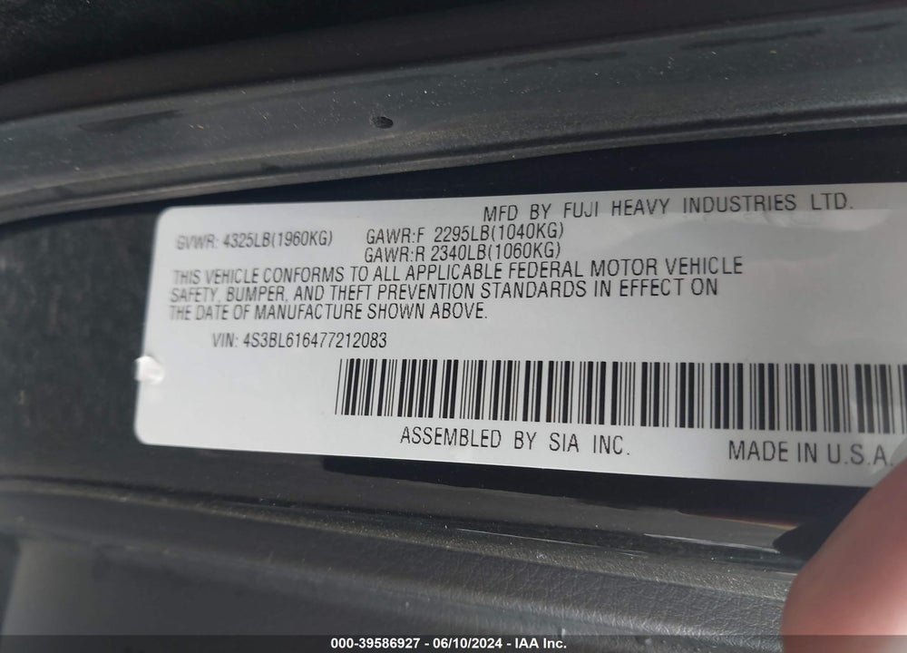 2007 SUBARU LEGACY 2.5I VIN: 4S3BL616477212083