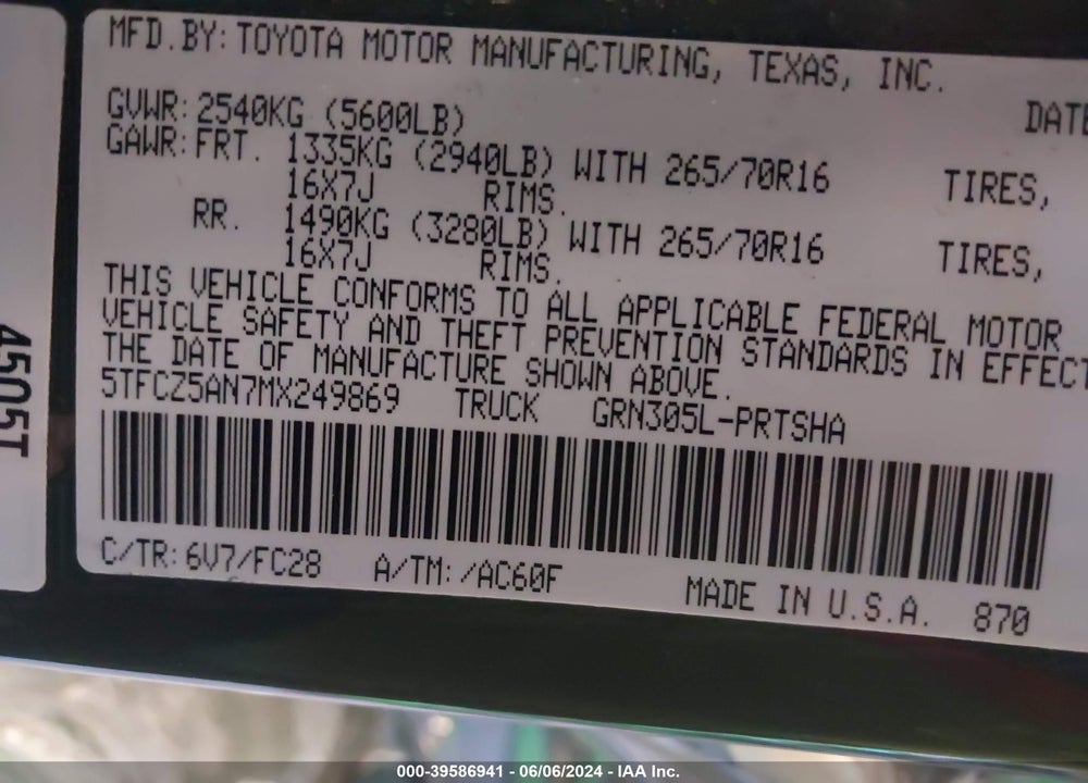 2021 TOYOTA TACOMA SR5 V6 VIN: 5TFCZ5AN7MX249869