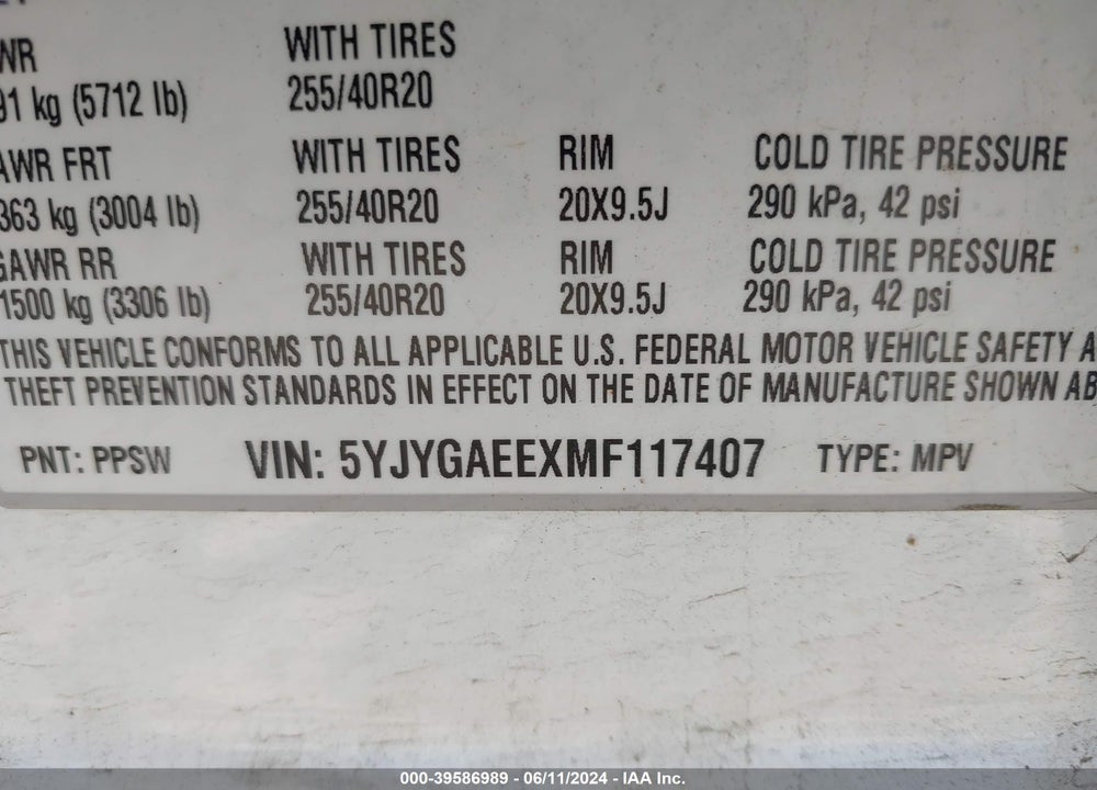 2021 TESLA MODEL Y LONG RANGE DUAL MOTOR ALL-WHEEL DRIVE VIN: 5YJYGAEEXMF117407