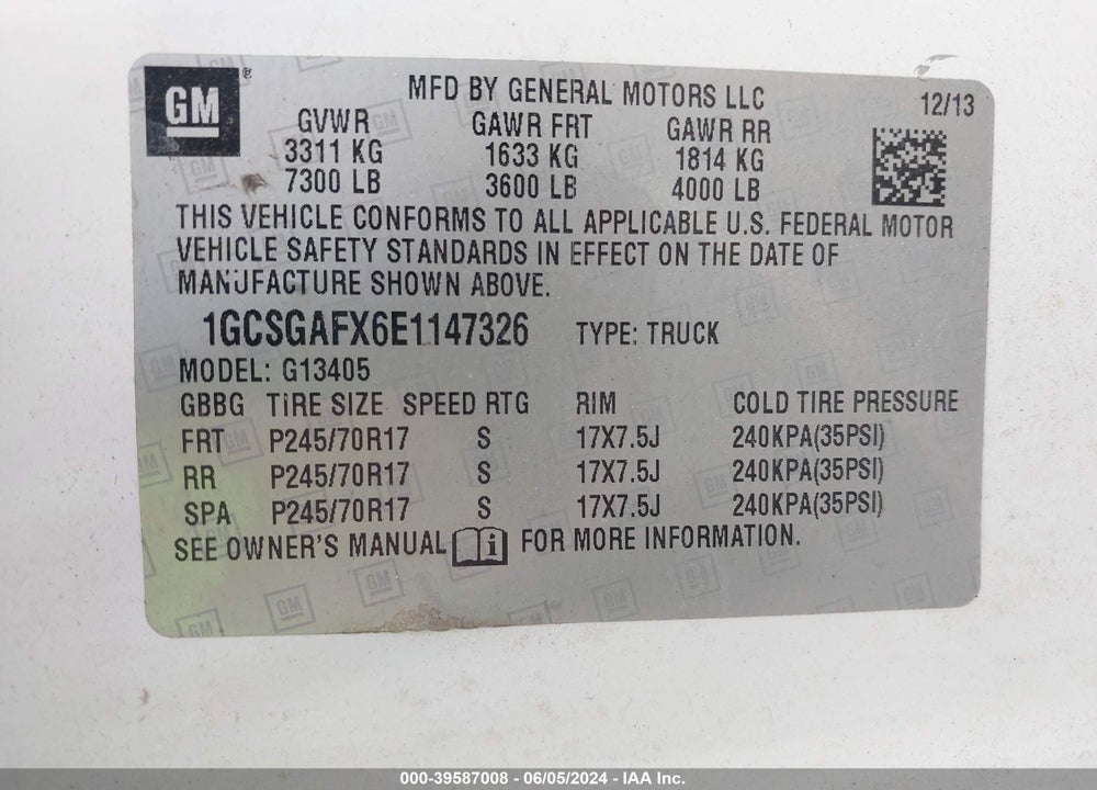 2014 CHEVROLET EXPRESS 1500 WORK VAN VIN: 1GCSGAFX6E1147326