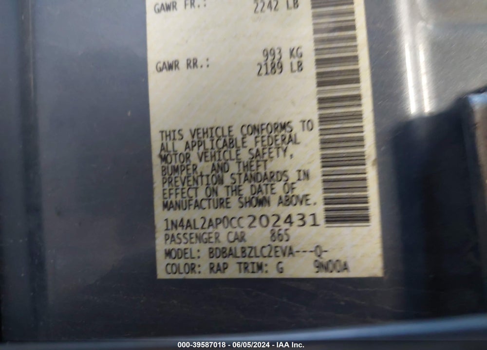 2012 NISSAN ALTIMA 2.5 S VIN: 1N4AL2AP0CC202431