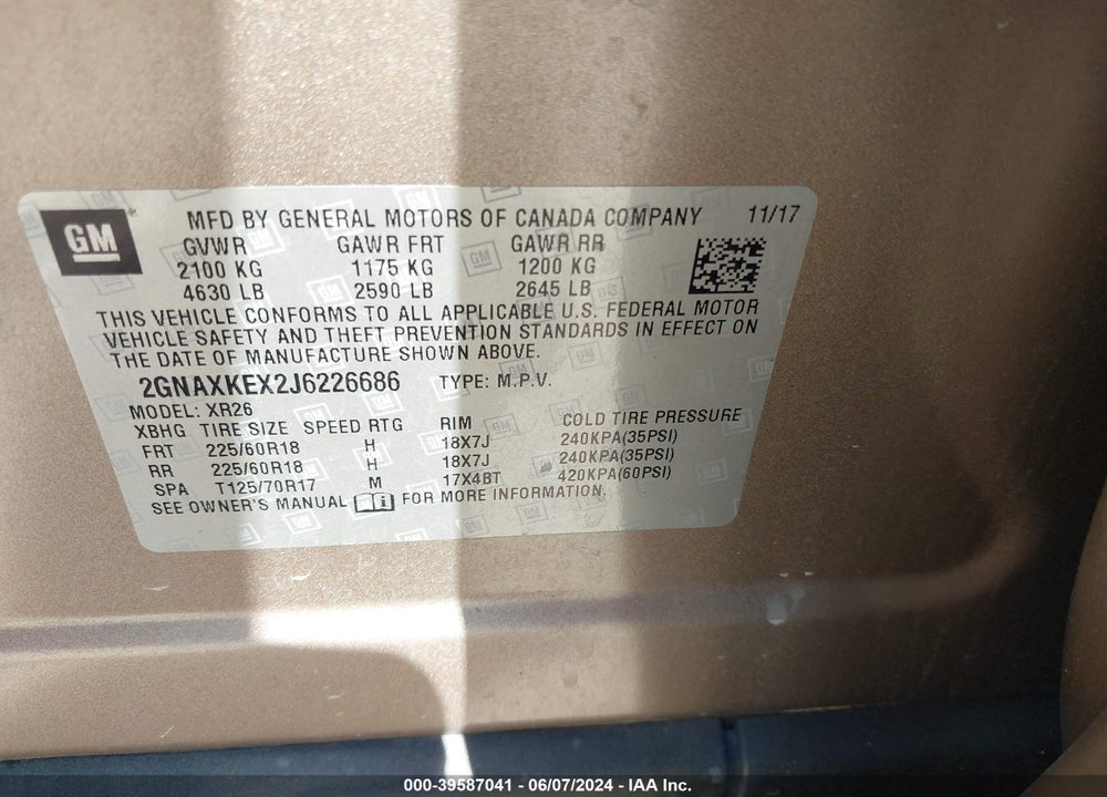 2018 CHEVROLET EQUINOX LT VIN: 2GNAXKEX2J6226686