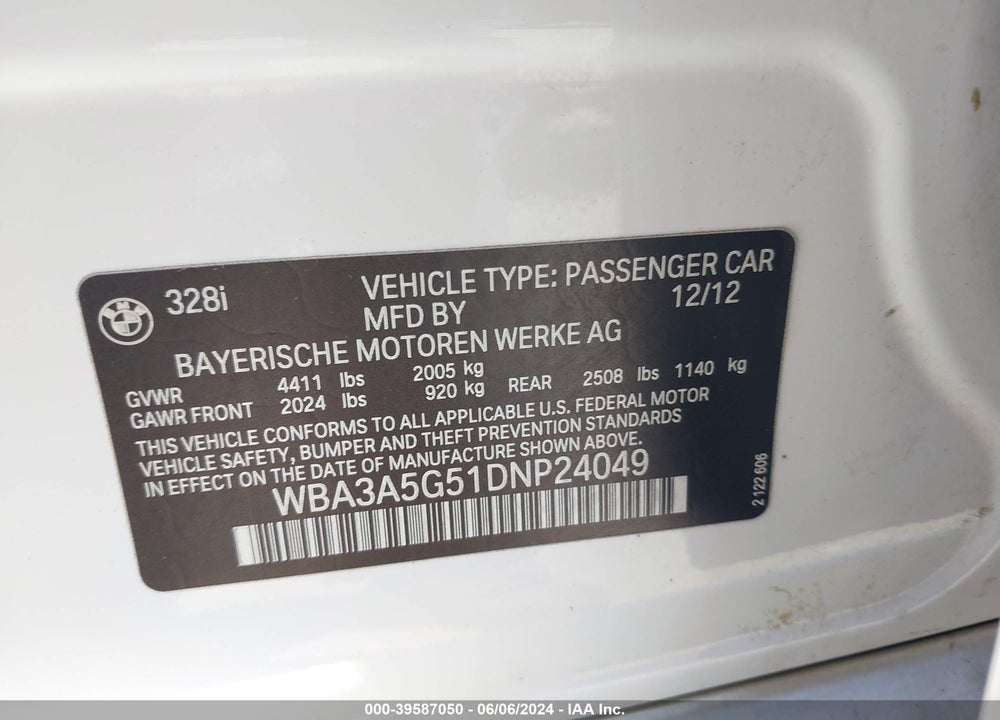 2013 BMW 328I VIN: WBA3A5G51DNP24049