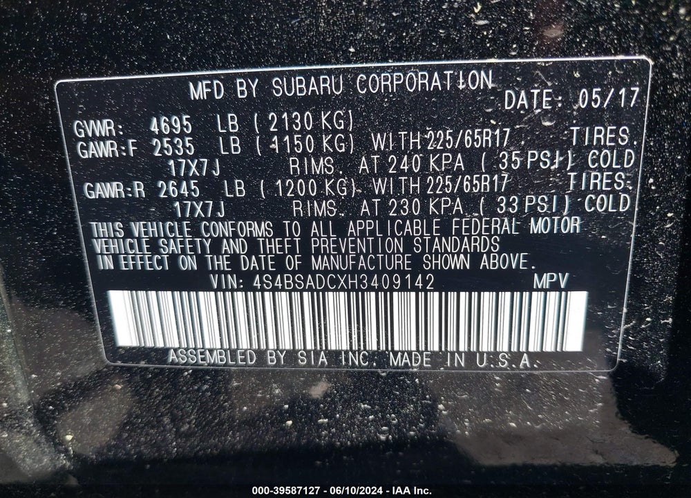 2017 SUBARU OUTBACK 2.5I PREMIUM VIN: 4S4BSADCXH3409142