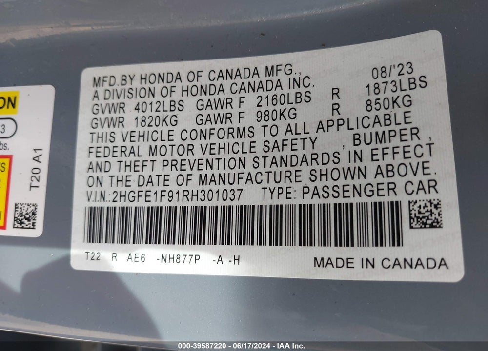 2024 HONDA CIVIC TOURING VIN: 2HGFE1F91RH301037