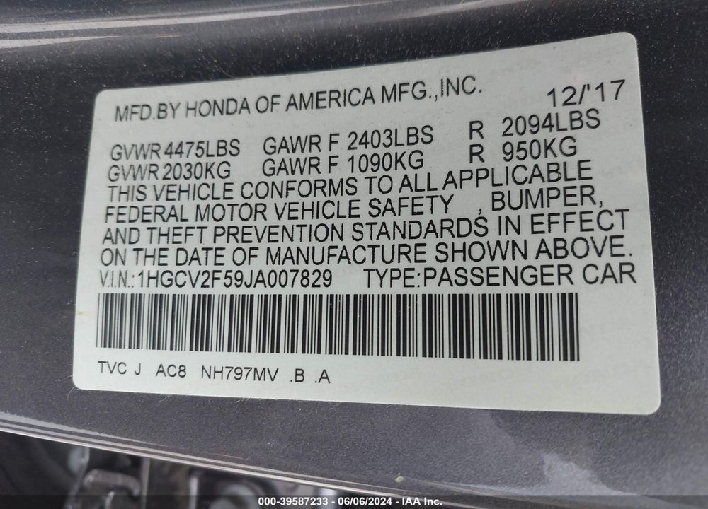2018 HONDA ACCORD EX-L 2.0T VIN: 1HGCV2F59JA007829