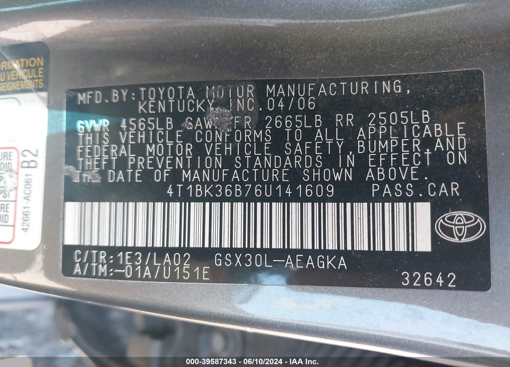 2006 TOYOTA AVALON XLS VIN: 4T1BK36B76U141609