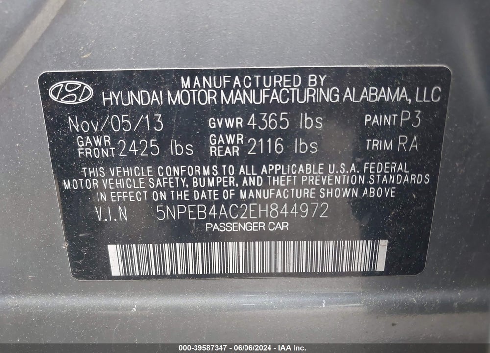 2014 HYUNDAI SONATA GLS VIN: 5NPEB4AC2EH844972