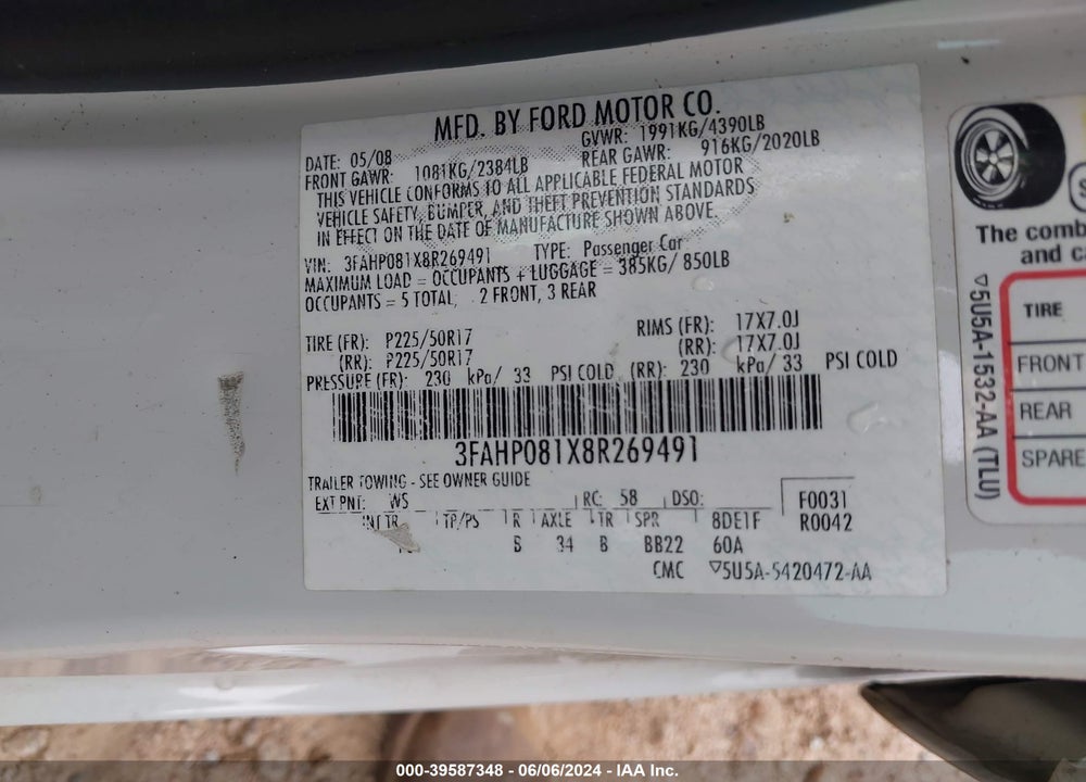 2008 FORD FUSION SEL VIN: 3FAHP081X8R269491