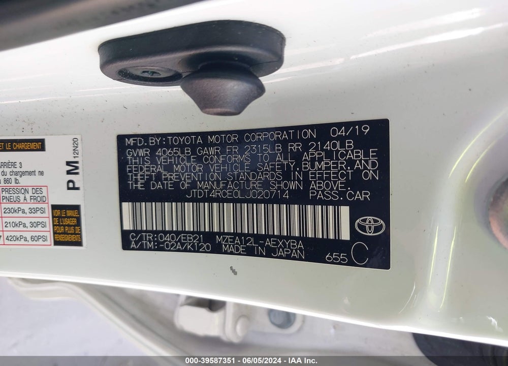 2020 TOYOTA COROLLA XSE VIN: JTDT4RCE0LJ020714
