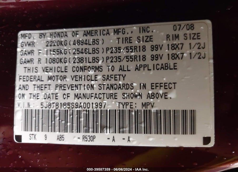 2009 ACURA RDX VIN: 5J8TB18569A001997