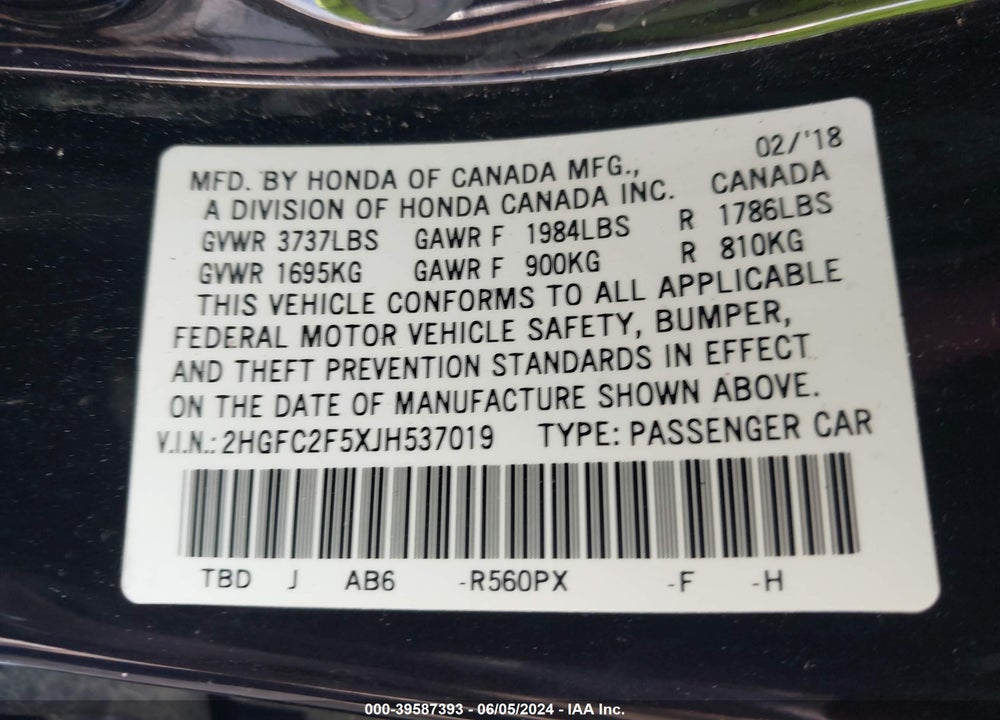 2018 HONDA CIVIC LX VIN: 2HGFC2F5XJH537019