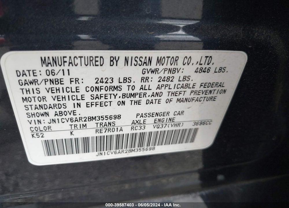 2011 INFINITI G37X VIN: JN1CV6AR2BM355698