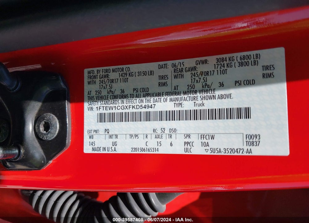2015 FORD F-150 XLT VIN: 1FTEW1CGXFKD54947