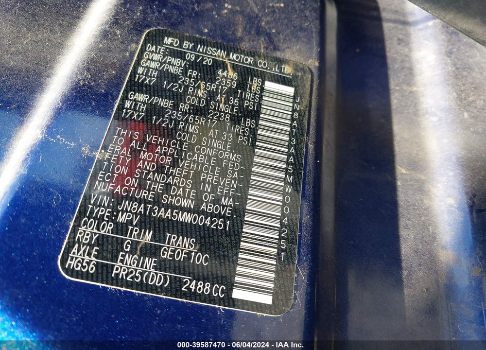 2021 NISSAN ROGUE S FWD VIN: JN8AT3AA5MW004251