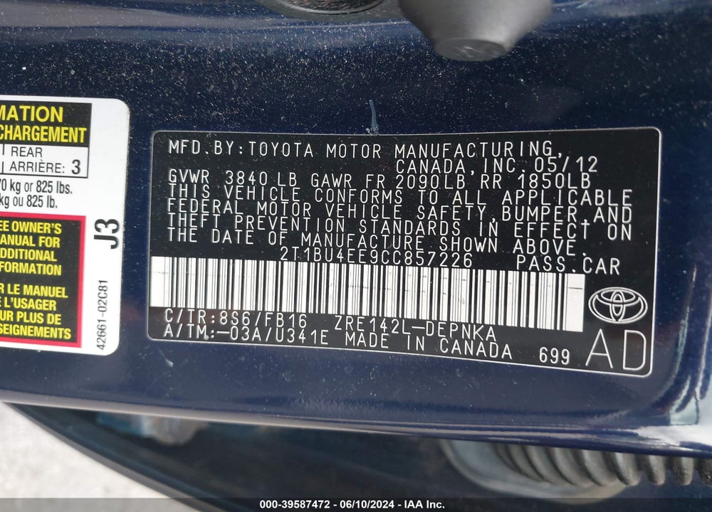 2012 TOYOTA COROLLA LE VIN: 2T1BU4EE9CC857226