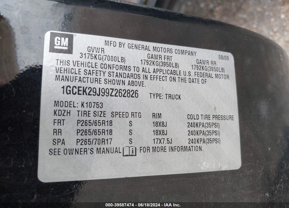 2009 CHEVROLET SILVERADO 1500 LT VIN: 1GCEK29J99Z262826