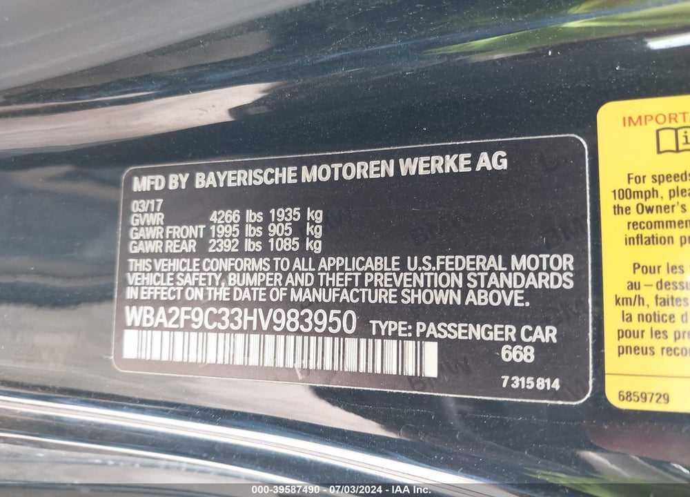 2017 BMW 230I VIN: WBA2F9C33HV983950