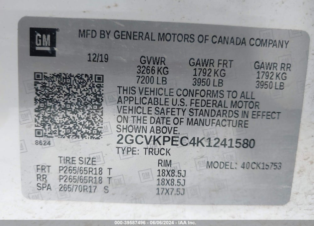 2019 CHEVROLET SILVERADO 1500 LD LT VIN: 2GCVKPEC4K1241580